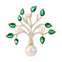 Freshwater Pearl Brooch, Brass, with Freshwater Pearl, Tree, gold color plated, micro pave cubic zirconia & for woman 
