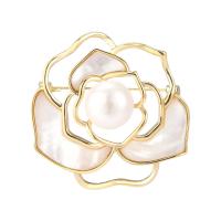 Freshwater Pearl Brooch, Brass, with Shell & Freshwater Pearl, Flower, gold color plated, for woman & hollow 