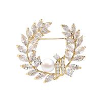 Freshwater Pearl Brooch, Brass, with Freshwater Pearl, Leaf, plated, micro pave cubic zirconia & for woman 