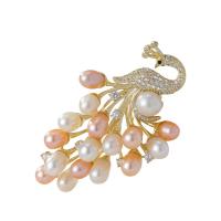 Freshwater Pearl Brooch, Brass, with Freshwater Pearl, Peacock, gold color plated, micro pave cubic zirconia & for woman 