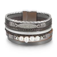 PU Leather Cord Bracelets, with Plastic Pearl, handmade, multilayer & for woman & with rhinestone Approx 7.48 Inch 