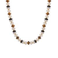 Драгоценный камень Ожерелья, тигровый глаз, с нефрит & титан & Черный агат, с 1.97inch наполнитель цепи, ювелирные изделия моды & Женский, 4mm, длина:Приблизительно 15.75 дюймовый, продается PC