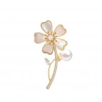 Freshwater Pearl Brooch, Brass, with Shell & Freshwater Pearl, Flower, gold color plated, micro pave cubic zirconia & for woman 