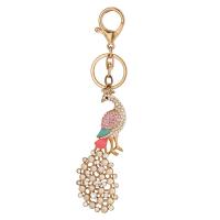 Rhinestone Zinc Alloy Key Chain, with Plastic Pearl, Peacock, gold color plated, with rhinestone 