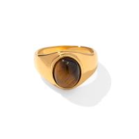 Gemstone Stainless Steel Finger Ring, 314 Stainless Steel, with Tiger Eye, Oval, Vacuum Ion Plating, fashion jewelry & for woman, golden, 12.8mm, US Ring 