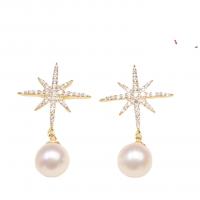 Freshwater Pearl Brass Earring, with Brass, fashion jewelry & for woman & with rhinestone, golden, 8-9mm 