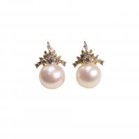 Freshwater Pearl Brass Earring, with Brass, real gold plated, fashion jewelry & for woman & with rhinestone, 9-10mm 