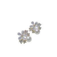 Freshwater Pearl Brass Earring, with Brass, fashion jewelry & for woman & with rhinestone, 5-6mm 