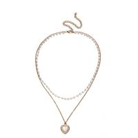 Plastic Pearl Necklace, 304 Stainless Steel, with Plastic Pearl, with 3.94inch extender chain, Heart, Double Layer & for woman & with rhinestone Approx 13.78 Inch, Approx 15.75 Inch 
