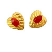 Gemstone Stud Earring, Brass, with Red Agate & Clear Quartz, Heart, 18K gold plated, for woman 