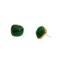 Gemstone Stud Earring, Brass, with Gemstone & Malachite & Shell, 18K gold plated, for woman 12.5mm 