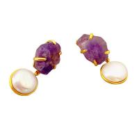 Freshwater Pearl Brass Earring, with Gemstone & Freshwater Pearl, 18K gold plated & for woman 
