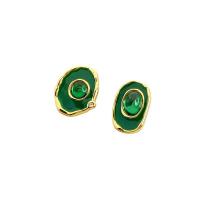 Gemstone Stud Earring, Brass, with Gemstone, 18K gold plated, for woman & enamel & with rhinestone, 13.9*15.5mm,10mm 