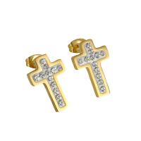 Titanium Steel Earrings, Cross, 18K gold plated, fashion jewelry & for woman & with rhinestone, golden, 18.5mm 