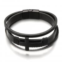 PU Leather Cord Bracelets, with Zinc Alloy, Cross, fashion jewelry & multilayer & for man, black Approx 8.27 Inch 