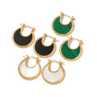 Stainless Steel Leverback Earring, 314 Stainless Steel, with Malachite & Shell, Flat Round, Vacuum Ion Plating, fashion jewelry & for woman 