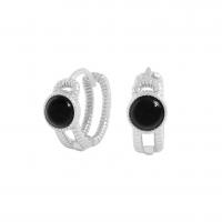 Sterling Silver Huggie Hoop Earring, 925 Sterling Silver, with Black Agate, Korean style & for woman, silver color 
