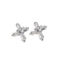 Sterling Silver Stud Earring, 925 Sterling Silver, Cross, platinum plated, Korean style & for woman & with rhinestone 
