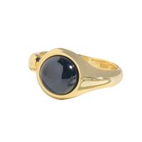 Sterling Silver Finger Ring, 925 Sterling Silver, with Black Agate, Round, 18K gold plated, Korean style & adjustable & for woman, 10.5mm, US Ring 