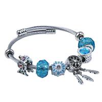 Stainless Steel  European Bracelets, Titanium Steel, with Crystal, plated, Adjustable & for woman & enamel, skyblue 