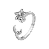Rhinestone Brass Finger Ring, Moon and Star, platinum color plated, Adjustable & for woman & with rhinestone 