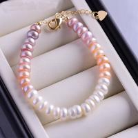 Cultured Freshwater Pearl Brass Bracelet, with Brass, with 3-5cm extender chain, gold color plated, fashion jewelry & for woman, multi-colored, 7-8mm Approx 15-16 cm 