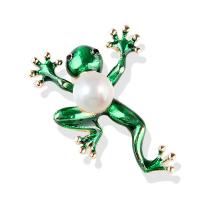 Kunststoff-Perlen-Brosche, Zinklegierung, mit Kunststoff Perlen, Frosch, goldfarben plattiert, unisex & Emaille & mit Strass, grün, 28x38mm, verkauft von PC