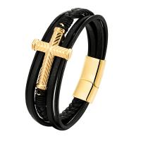 PU Leather Cord Bracelets, with 316L Stainless Steel, Cross, Vacuum Ion Plating, multilayer & for man 