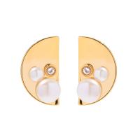 Freshwater Pearl Brass Earring, with Cubic Zirconia & Freshwater Pearl, Fan, gold color plated, fashion jewelry & for woman, golden 