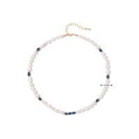 Freshwater Pearl Brass Necklace, with Lapis Lazuli & Brass, with 6cm extender chain, gold color plated, fashion jewelry & for woman, 6mm cm 
