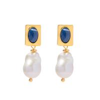 Freshwater Pearl Brass Earring, with Lapis Lazuli & Brass, gold color plated, fashion jewelry & for woman 