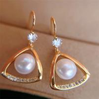 Freshwater Pearl Brass Earring, with Brass, gold color plated, fashion jewelry & for woman & with rhinestone, white, 7-8mm 