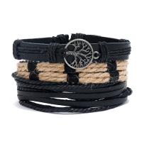 PU Leather Cord Bracelets, with Linen & Wax Cord & Hematite & Wood & Zinc Alloy, fashion jewelry & for man Approx 17-18 cm 