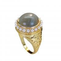 Zinc Alloy Finger Ring, with Labradorite & Plastic Pearl, plated, fashion jewelry & for woman, golden 