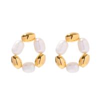 Freshwater Pearl Brass Earring, with Freshwater Pearl, Donut, gold color plated, fashion jewelry & for woman 
