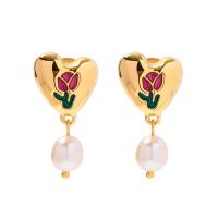 Freshwater Pearl Brass Earring, with Freshwater Pearl, Heart, gold color plated, fashion jewelry & for woman & enamel, golden 