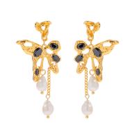 Freshwater Pearl Brass Earring, with Freshwater Pearl, Butterfly, gold color plated, fashion jewelry & micro pave cubic zirconia & for woman 