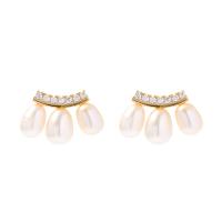 Freshwater Pearl Brass Earring, with Brass, gold color plated, fashion jewelry & micro pave cubic zirconia & for woman 