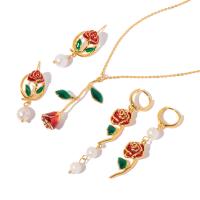 Brass Jewelry Set, earring & necklace, Rose, gold color plated, fashion jewelry & for woman & enamel 