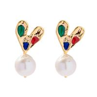 Freshwater Pearl Brass Earring, with Freshwater Pearl, Heart, gold color plated, fashion jewelry & for woman & enamel 