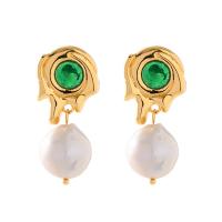 Freshwater Pearl Brass Earring, with Cubic Zirconia & Freshwater Pearl, gold color plated, fashion jewelry & for woman 