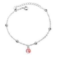 Brass Bracelets, with Strawberry Quartz, with 3.6cm extender chain, Round, platinum color plated, fashion jewelry & for woman, platinum color, 6mm cm 