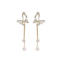 Plastic Pearl Zinc Alloy Earring, with ABS Plastic Pearl, Butterfly, gold color plated, fashion jewelry & for woman & with rhinestone, golden 