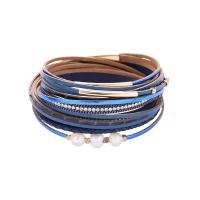 PU Leather Cord Bracelets, with Plastic Pearl & Zinc Alloy, gold color plated, multilayer, blue black, 15mm .5 cm 
