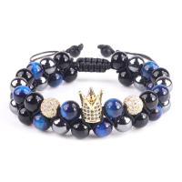 Gemstone Bracelets, Tiger Eye, with Abrazine Stone & Zinc Alloy, Crown, Double Layer & Unisex & with rhinestone Approx 7.5-11 Inch 