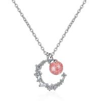 Brass Jewelry Necklace, with Strawberry Quartz, with 3.5cm extender chain, Moon, platinum color plated, fashion jewelry & for woman, 14mm,6mm cm 
