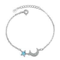 Crystal Bracelets, Brass, with Crystal, with 3.5cm extender chain, Moon and Star, platinum color plated, fashion jewelry & for woman, platinum color, 7mm,11mm cm 