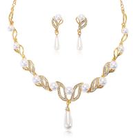 Rhinestone Zinc Alloy Jewelry Set, Stud Earring & necklace, with Plastic Pearl, with 1.97inch extender chain, gold color plated, 2 pieces & fashion jewelry & for woman & with rhinestone Approx 16.93 Inch 
