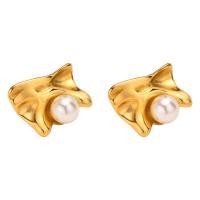 Edelstahl Stud Ohrring, 304 Edelstahl, mit Kunststoff Perlen, Vakuum-Ionen-Beschichtung, Modeschmuck & für Frau, goldfarben, 16.5x12.2mm, verkauft von Paar
