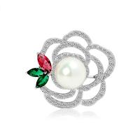 South Sea Shell Brooch, Brass, with Shell Pearl, Rose, platinum color plated, micro pave cubic zirconia & for woman 